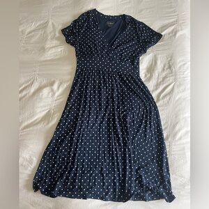 L.L. Bean Navy and White Polka Dot Wrap-Style Midi Dress